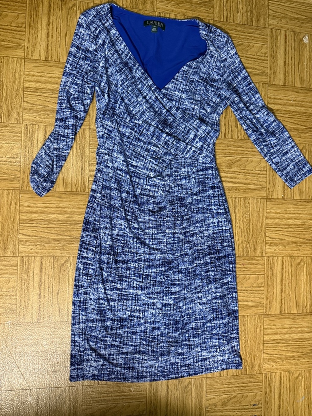 Lauren Ralph Lauren Blue Marled Faux-Wrap Long Sleeve Dress